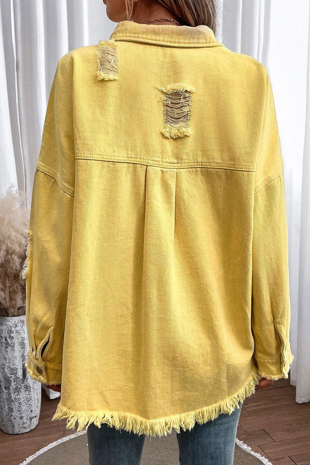 Distressed Button Up Raw Hem Denim Jacket - Clothes For Her Online Store