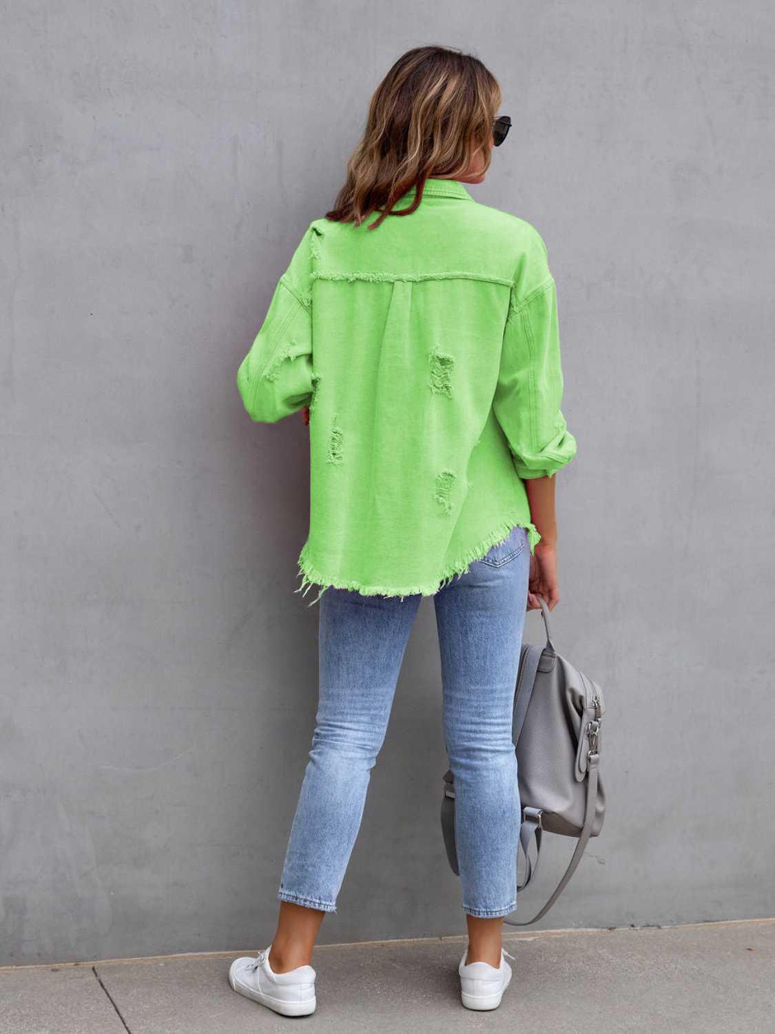 Distressed Drop Shoulder Denim Jacket - Clothes For Her Online Store