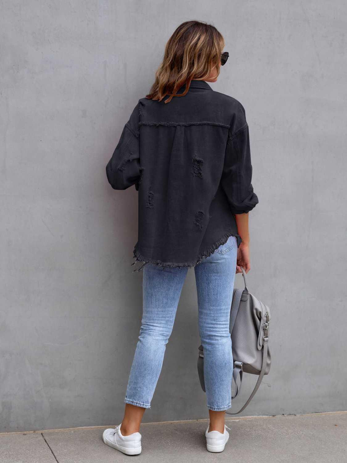 Distressed Drop Shoulder Denim Jacket - Clothes For Her Online Store