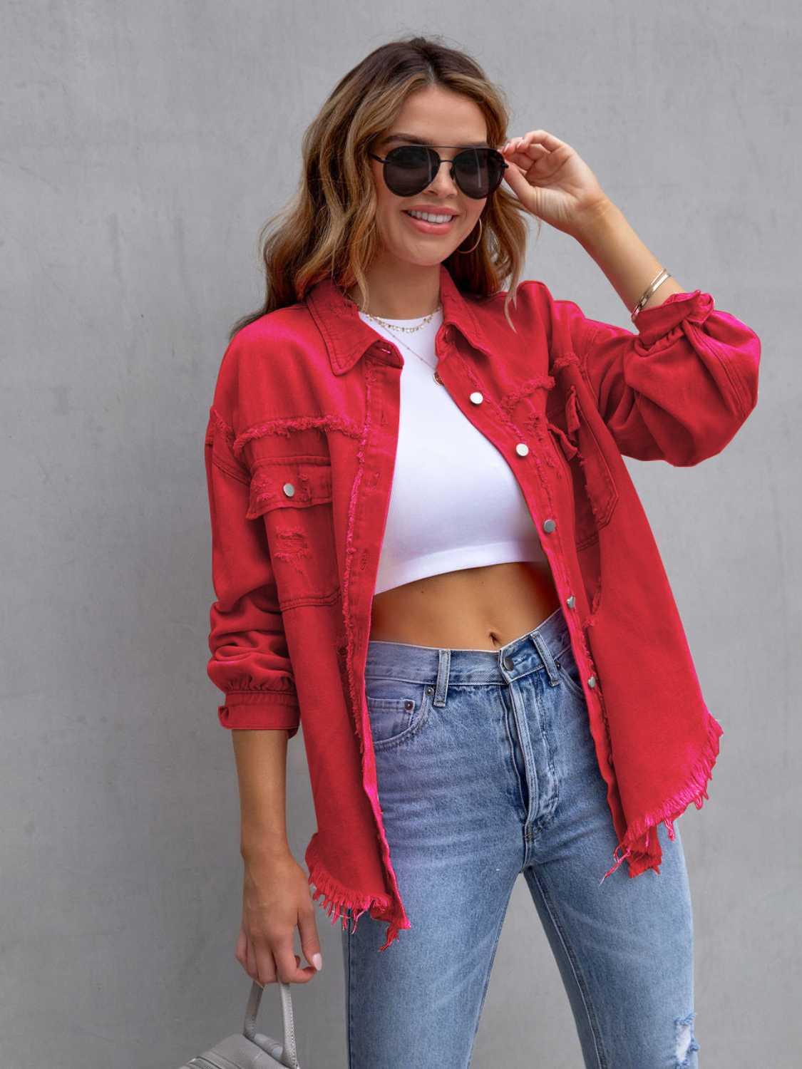 Distressed Drop Shoulder Denim Jacket - Clothes For Her Online Store