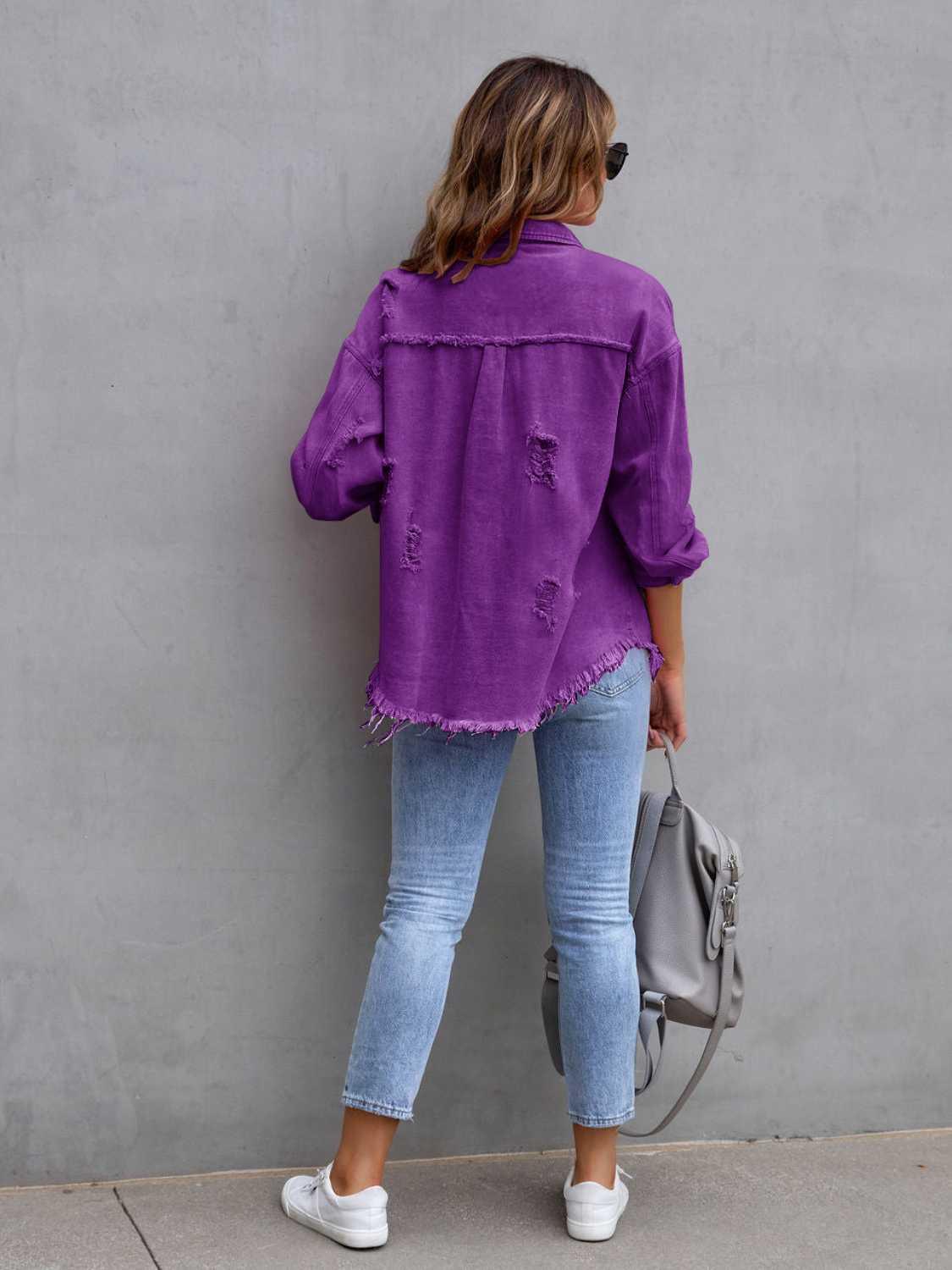 Distressed Drop Shoulder Denim Jacket - Clothes For Her Online Store