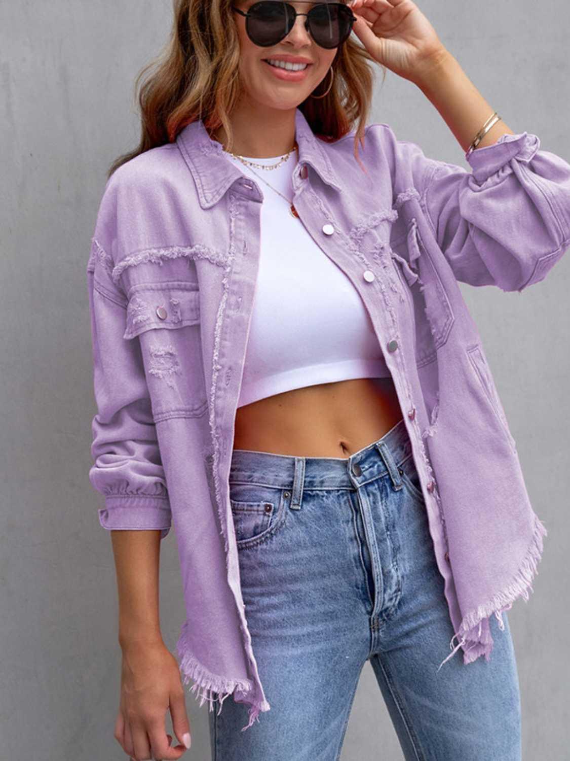 Distressed Drop Shoulder Denim Jacket - Clothes For Her Online Store