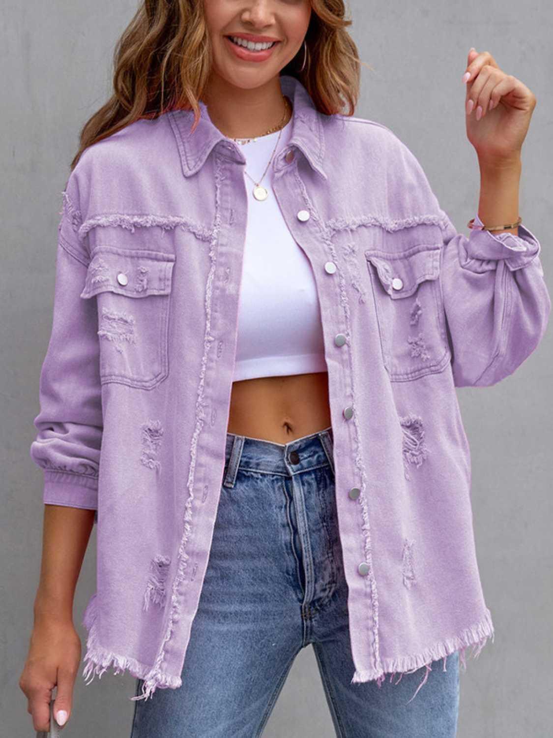Distressed Drop Shoulder Denim Jacket - Clothes For Her Online Store