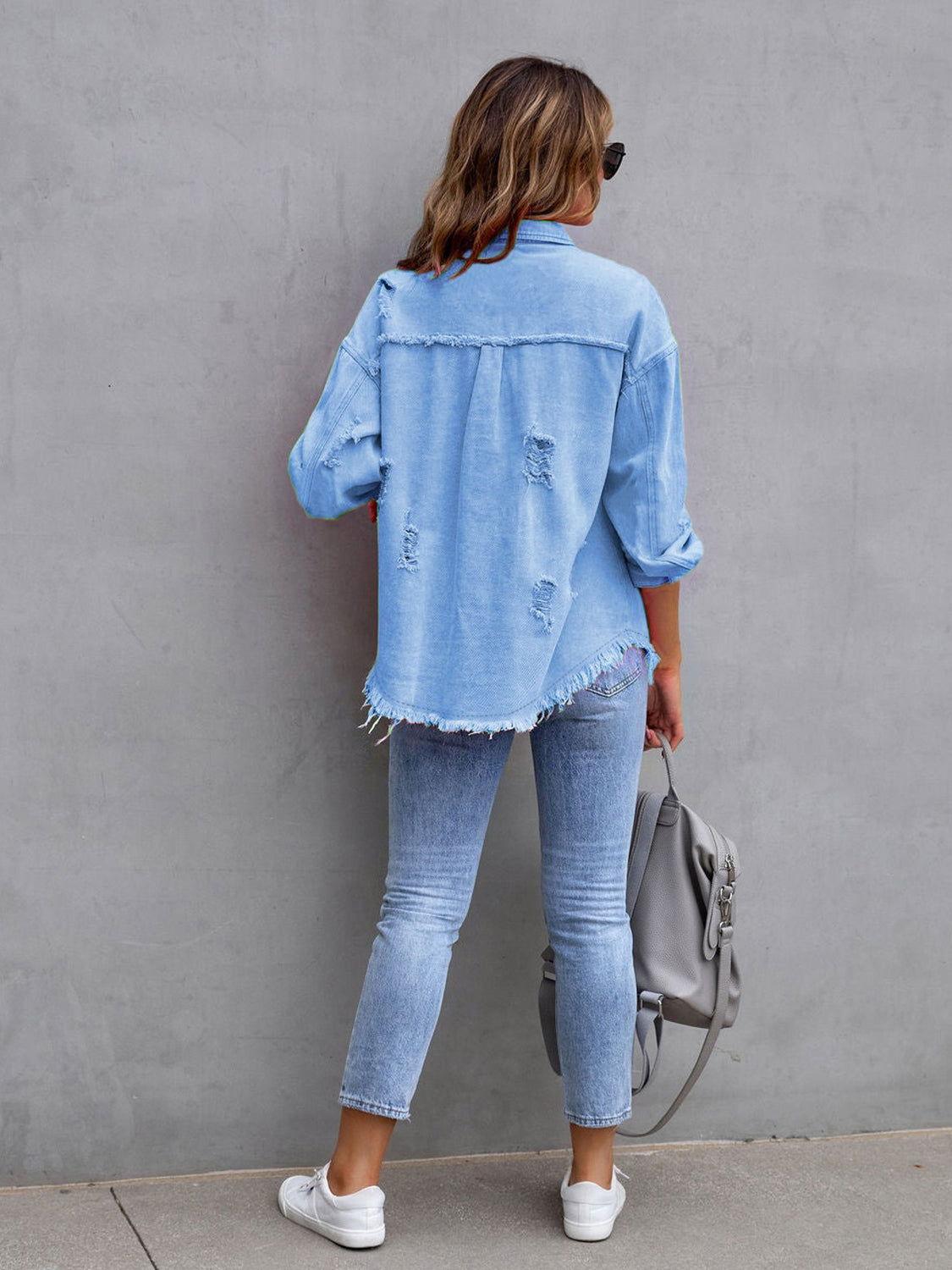 Distressed Drop Shoulder Denim Jacket - Clothes For Her Online Store