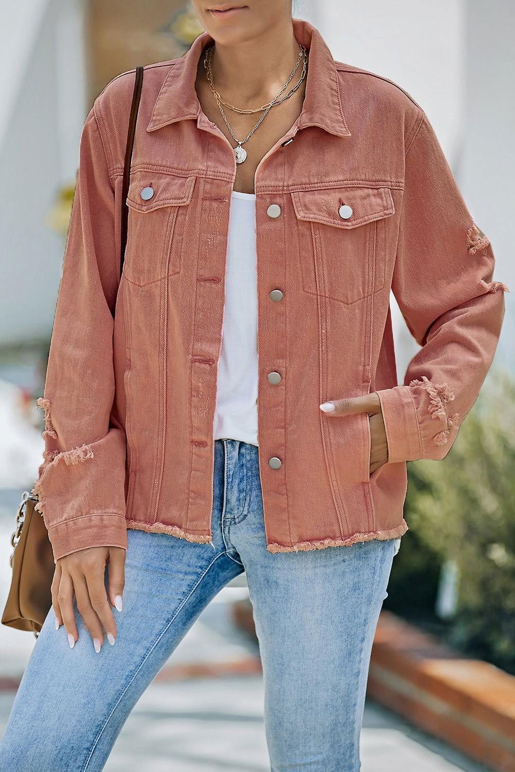 Distressed Raw Hem Denim Jacket - Clothes For Her Online Store