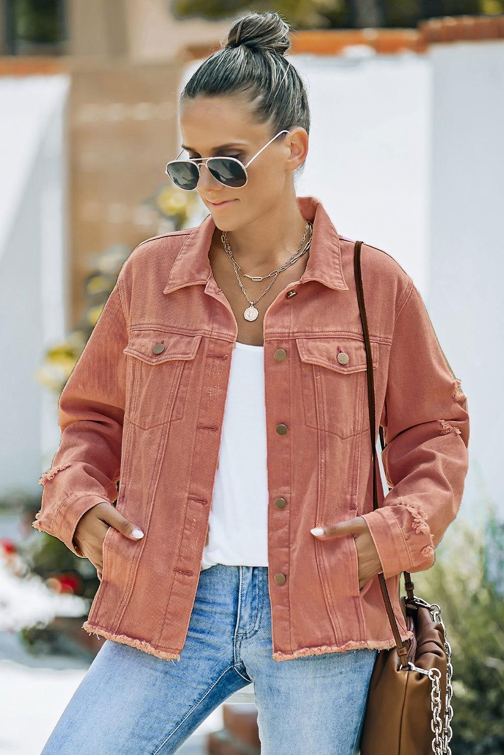 Distressed Raw Hem Denim Jacket - Clothes For Her Online Store