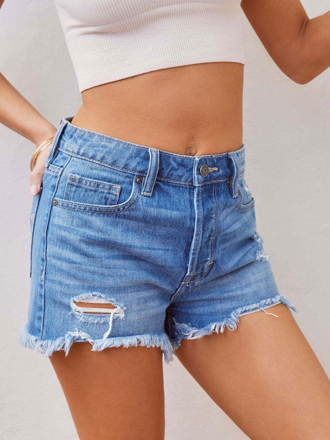 Distressed Raw Hem Denim Shorts - Clothes For Her Online Store