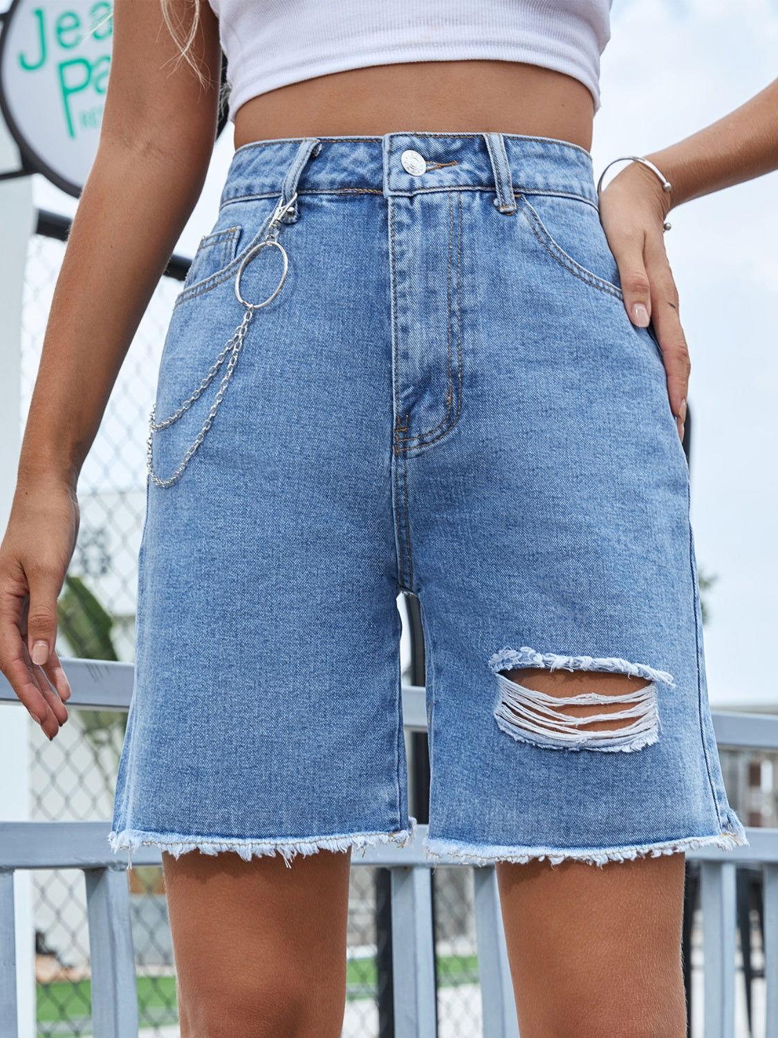 Distressed Raw Hem Denim Shorts - Clothes For Her Online Store
