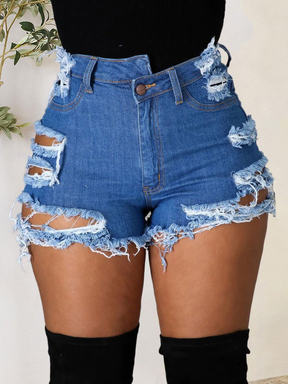 Distressed Raw Hem Denim Shorts with Pockets - Clothes For Her Online Store