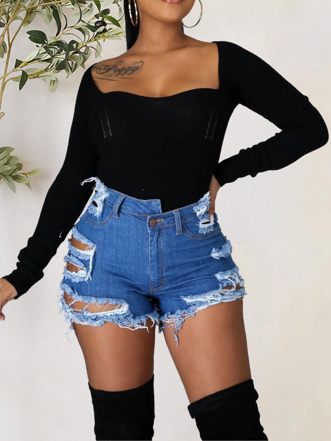 Distressed Raw Hem Denim Shorts with Pockets - Clothes For Her Online Store