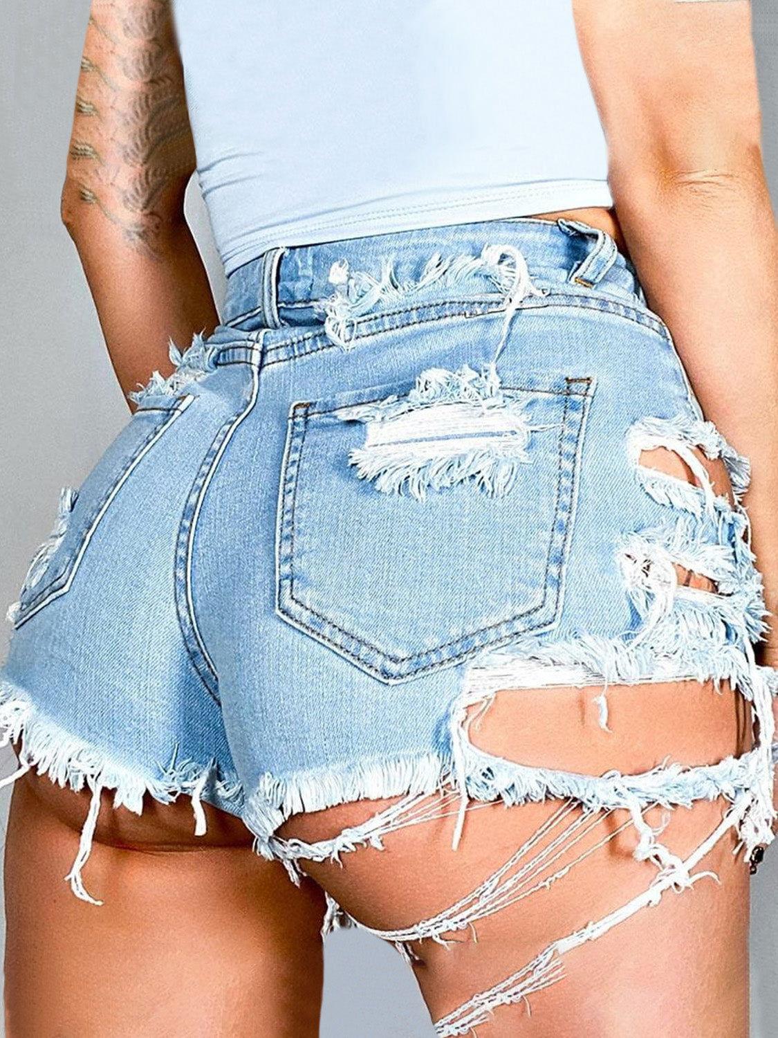 Distressed Raw Hem Denim Shorts with Pockets - Clothes For Her Online Store