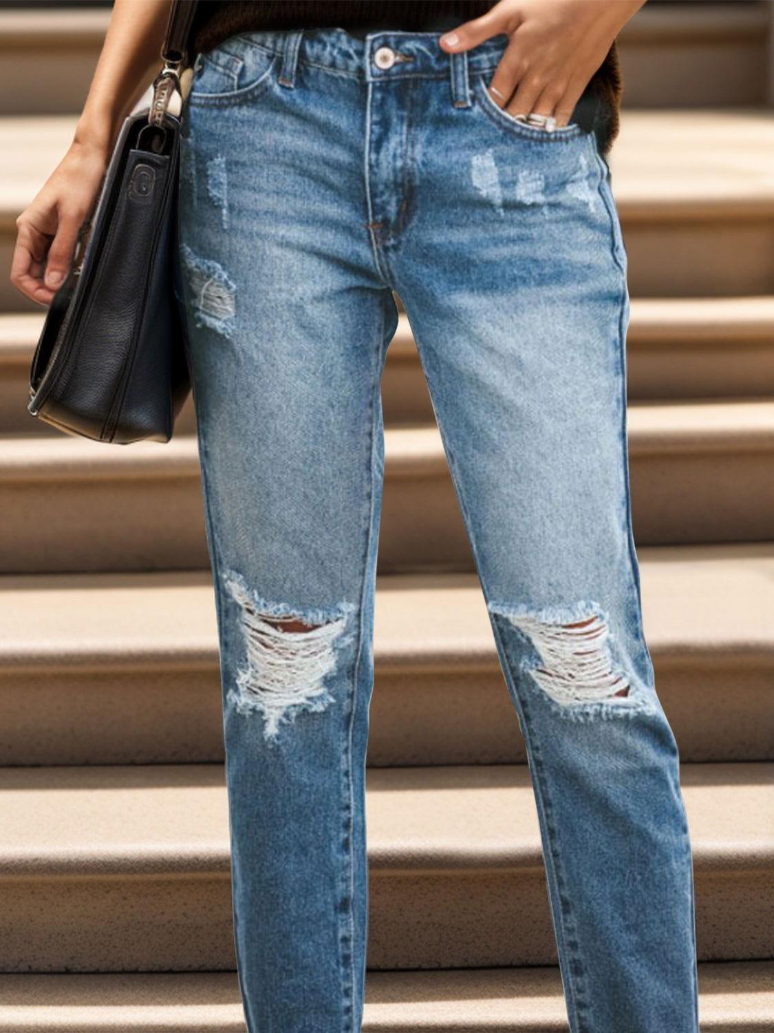 Distressed Raw Hem Jeans with Pockets - Clothes For Her Online Store