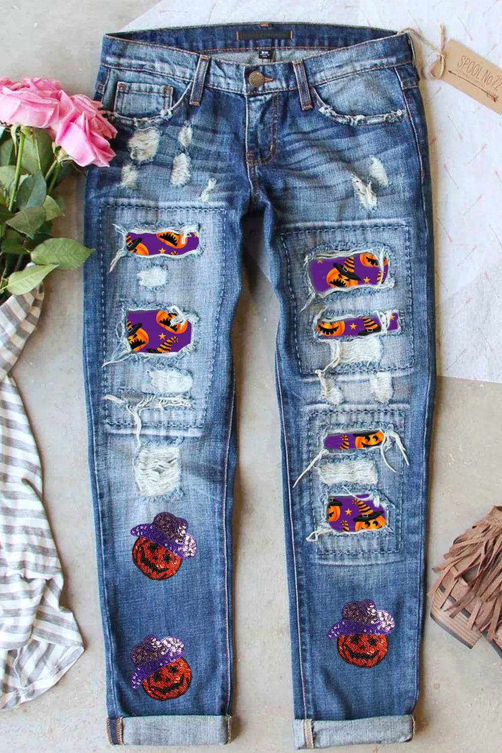 Distressed Sequin Pumpkin Jeans - Clothes For Her Online Store