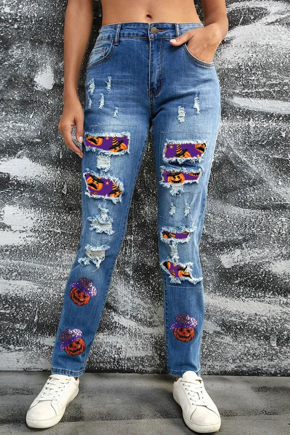 Distressed Sequin Pumpkin Jeans - Clothes For Her Online Store