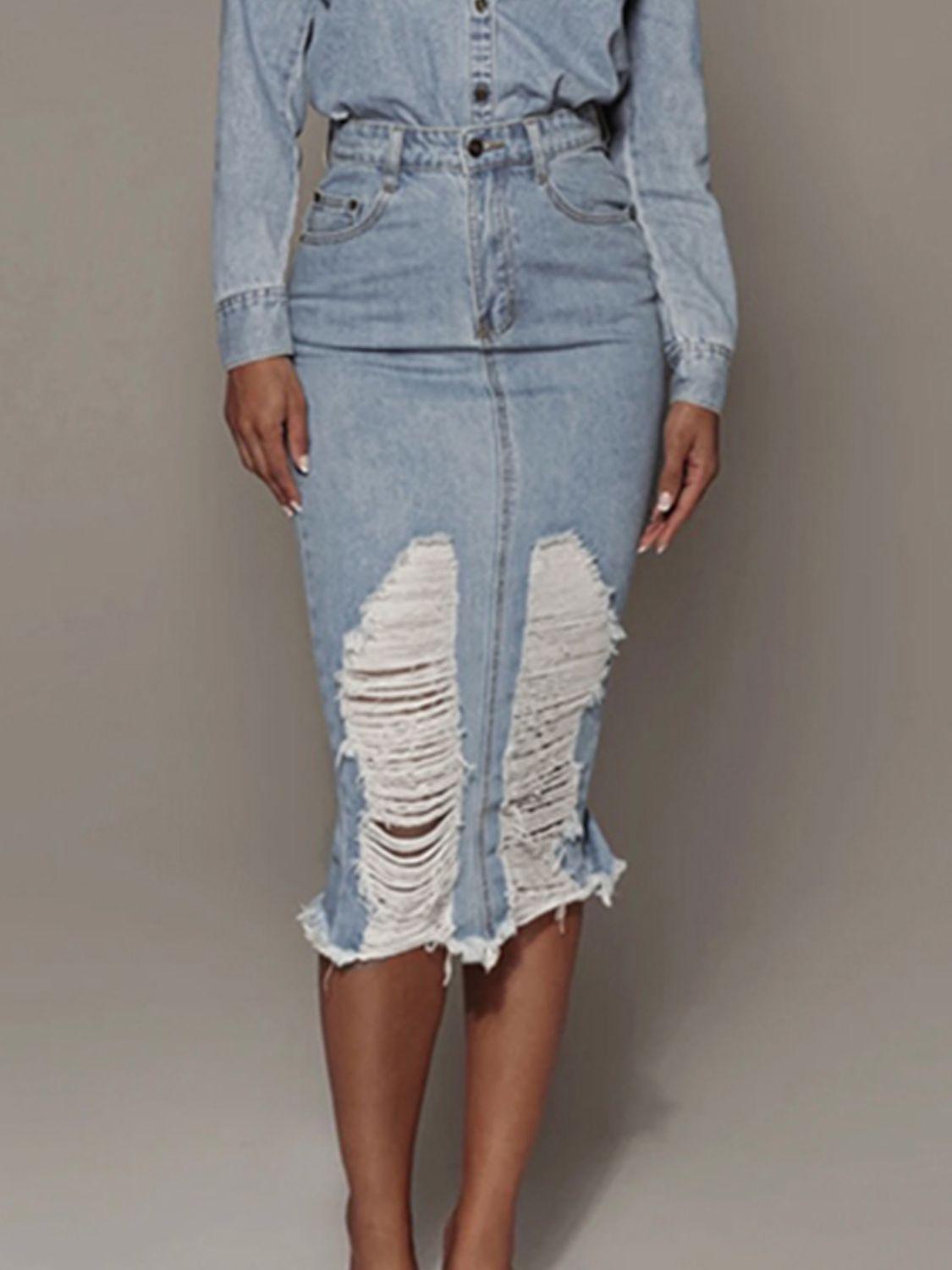 Distressed Slit Denim Skirt - Clothes For Her Online Store
