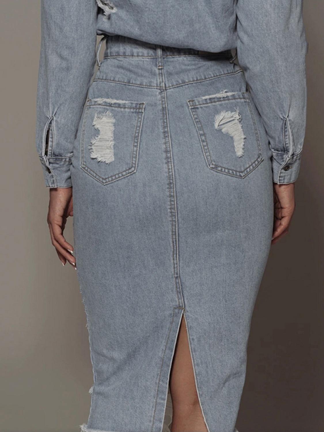 Distressed Slit Denim Skirt - Clothes For Her Online Store