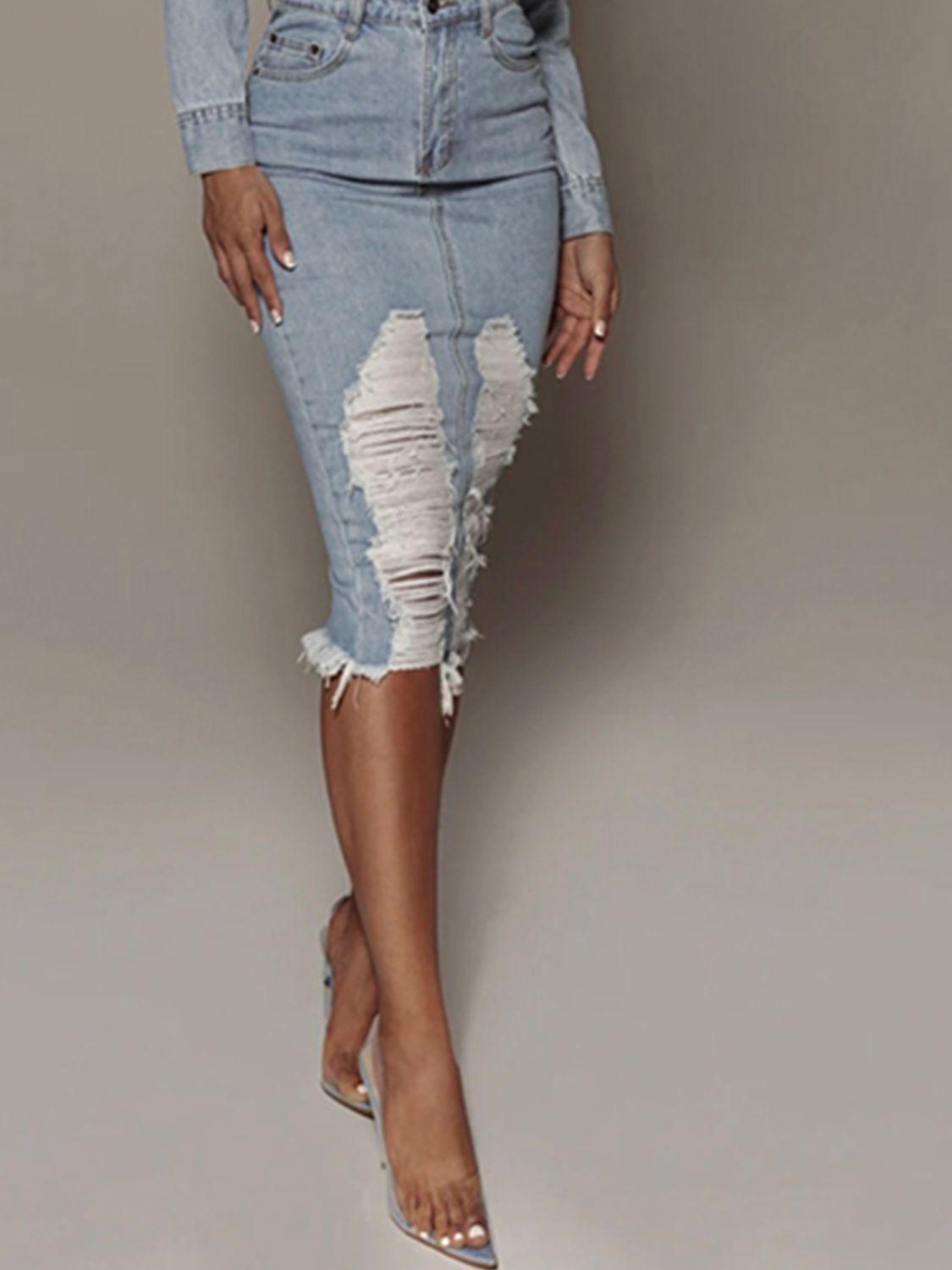 Distressed Slit Denim Skirt - Clothes For Her Online Store