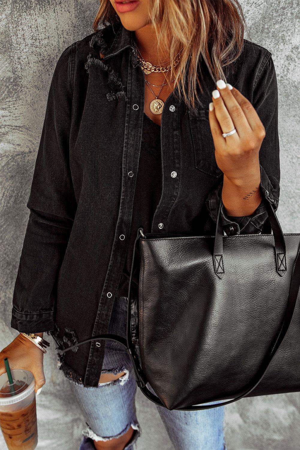 Distressed Snap Down Denim Jacket - Clothes For Her Online Store