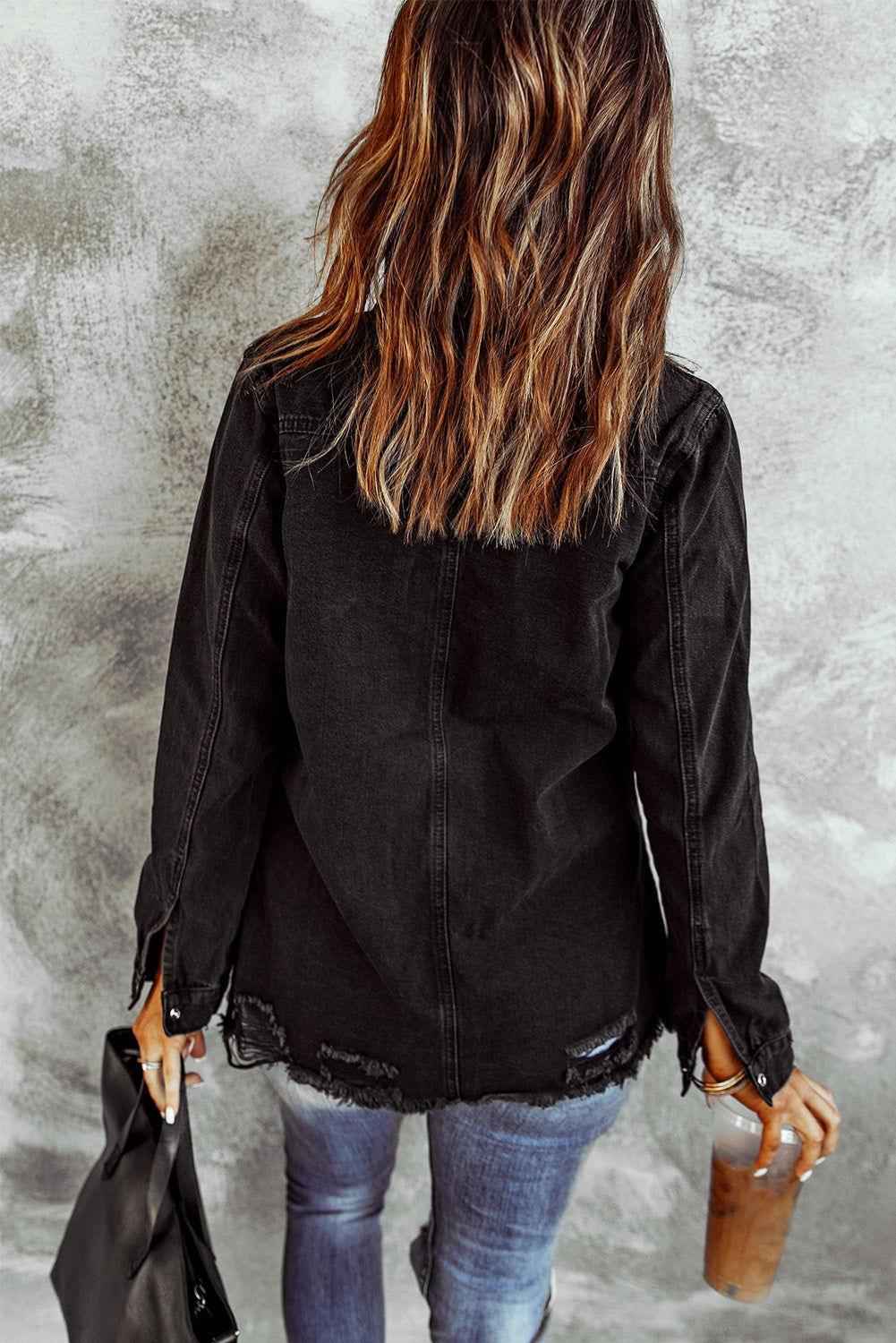 Distressed Snap Down Denim Jacket - Clothes For Her Online Store