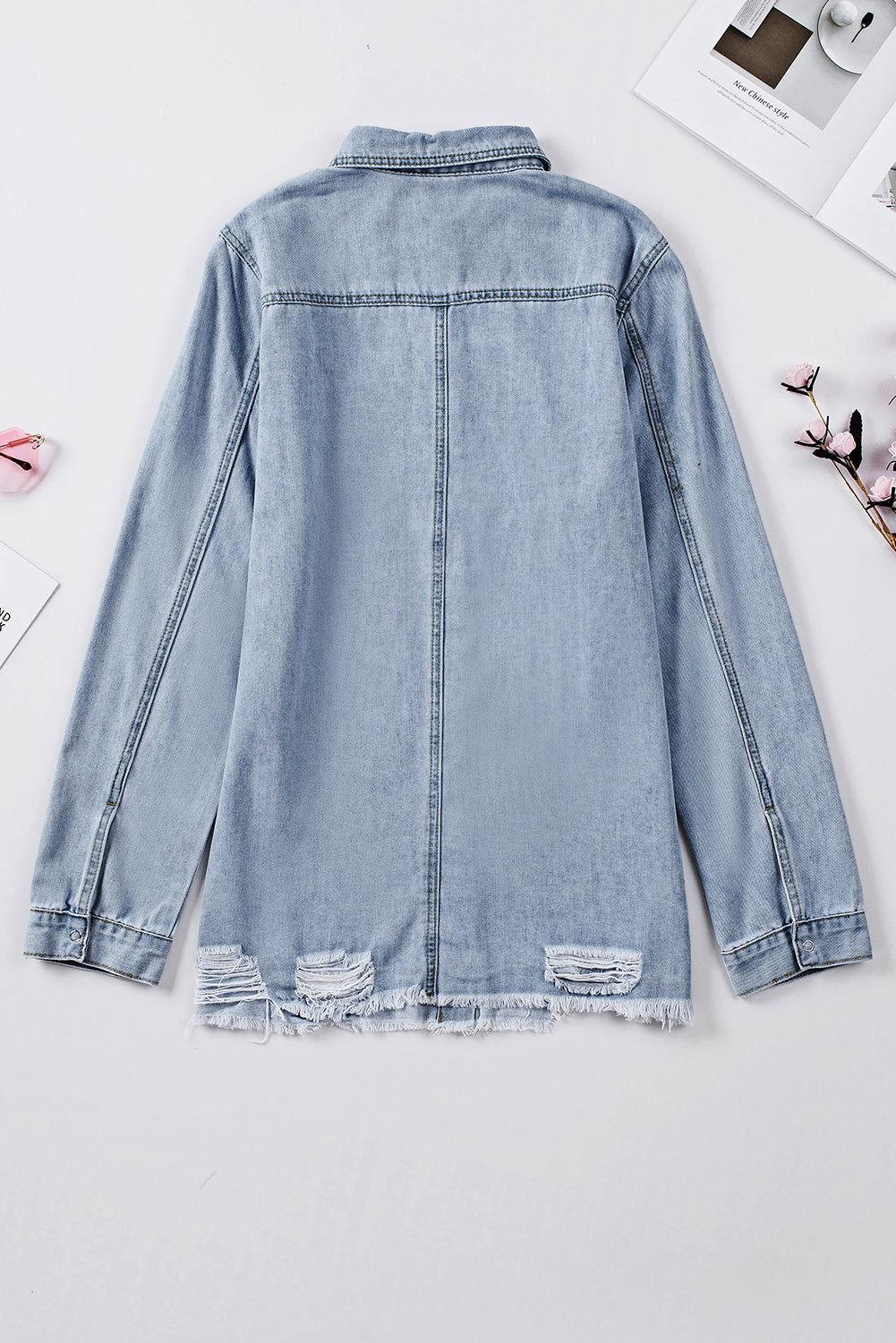 Distressed Snap Down Denim Jacket - Clothes For Her Online Store
