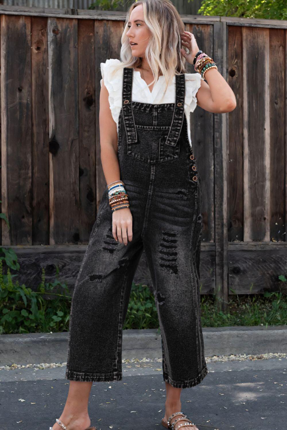 Distressed Wide Strap Denim Overalls - Clothes For Her Online Store