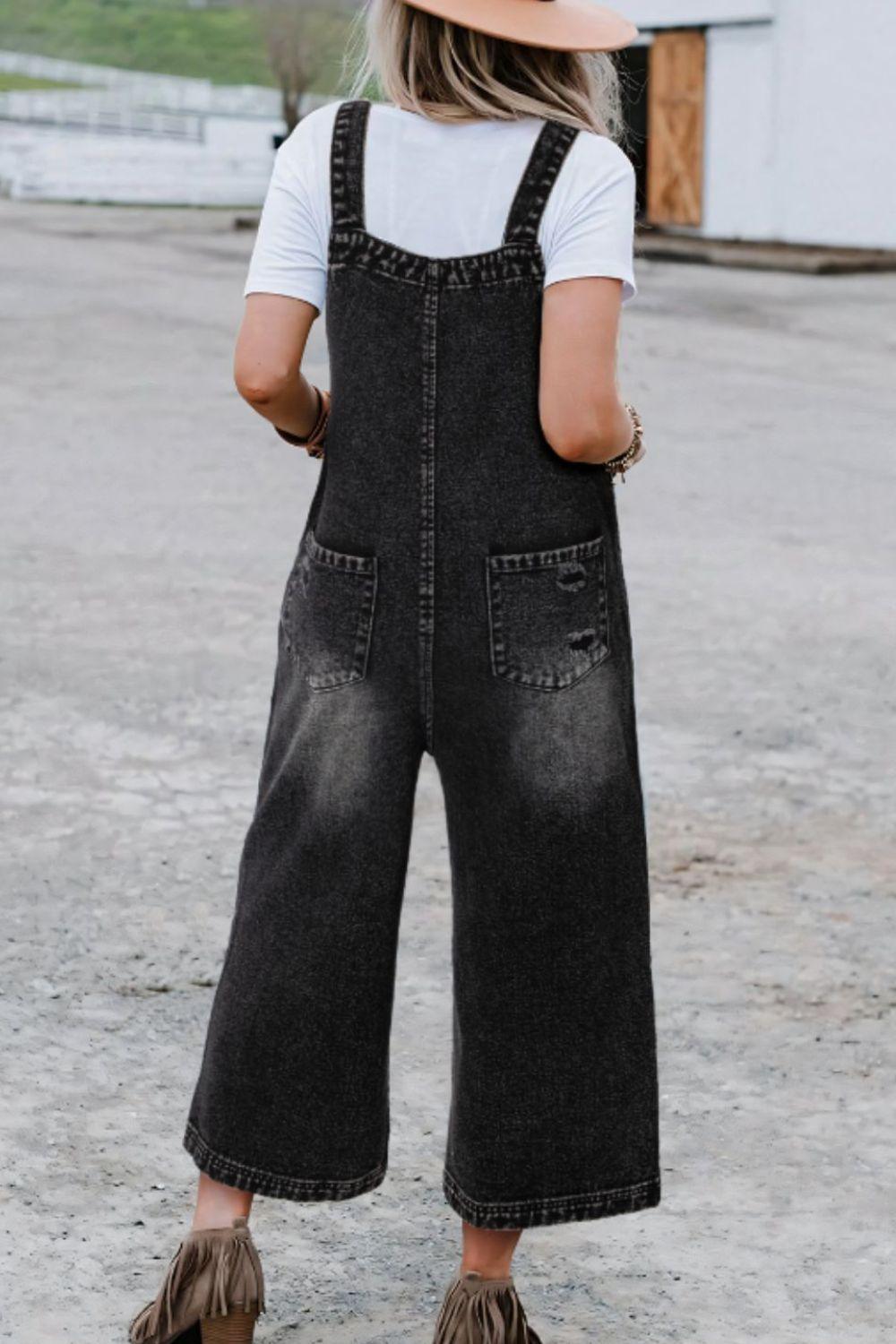 Distressed Wide Strap Denim Overalls - Clothes For Her Online Store
