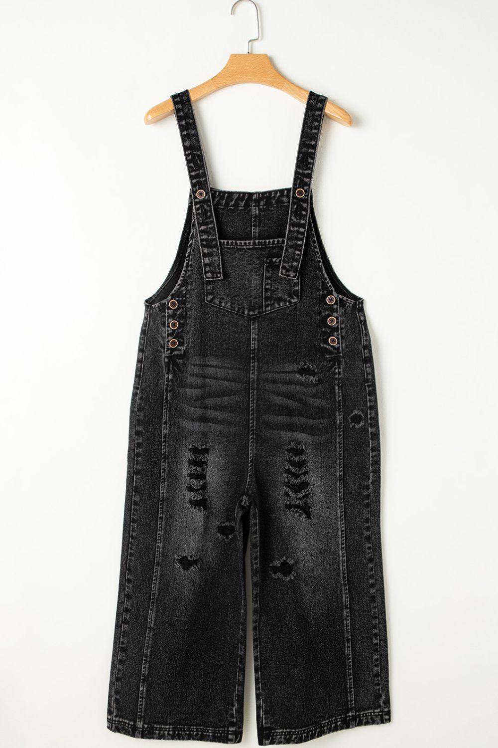 Distressed Wide Strap Denim Overalls - Clothes For Her Online Store