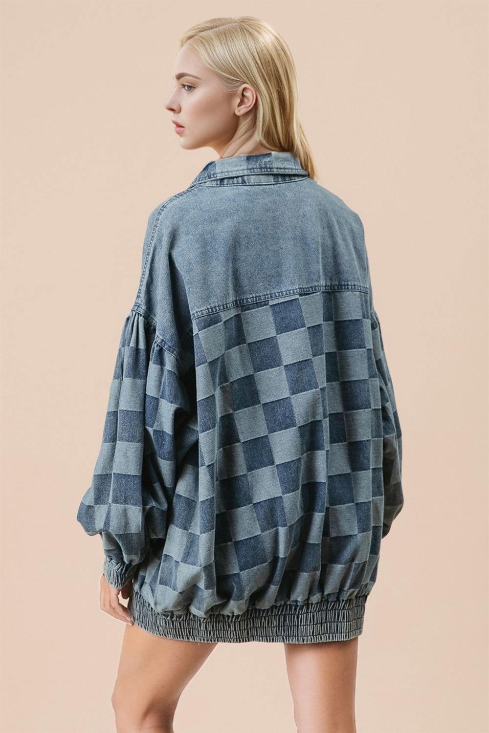 Double Take Checkered Button Up Denim Jacket - Clothes For Her Online Store