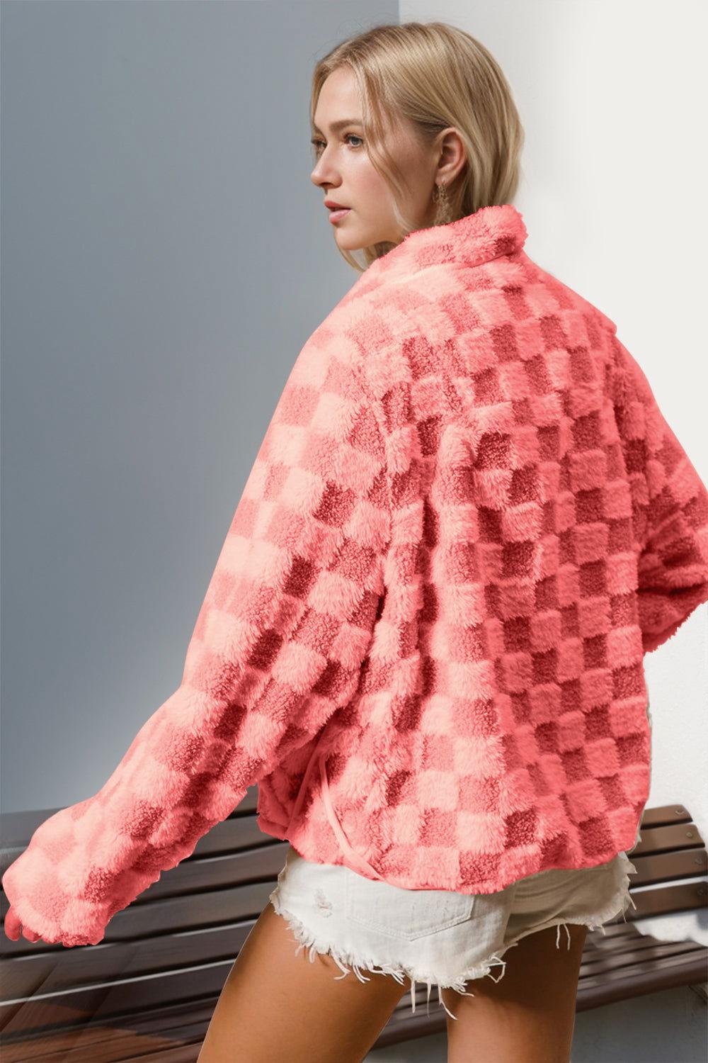 Double Take Checkered Long Sleeve Fuzzy Jacket - Clothes For Her Online Store