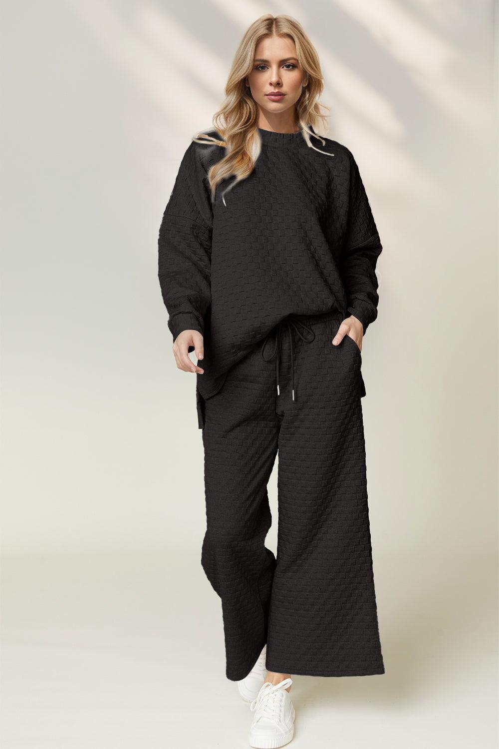 Double Take Checkered Slit High-Low Round Neck Top and Wide Leg Pants Set - Clothes For Her Online Store