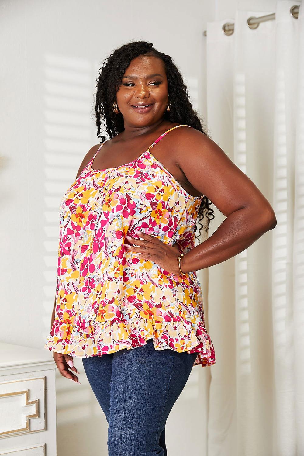 Double Take Floral Scoop Neck Ruffle Hem Cami - Clothes For Her Online Store