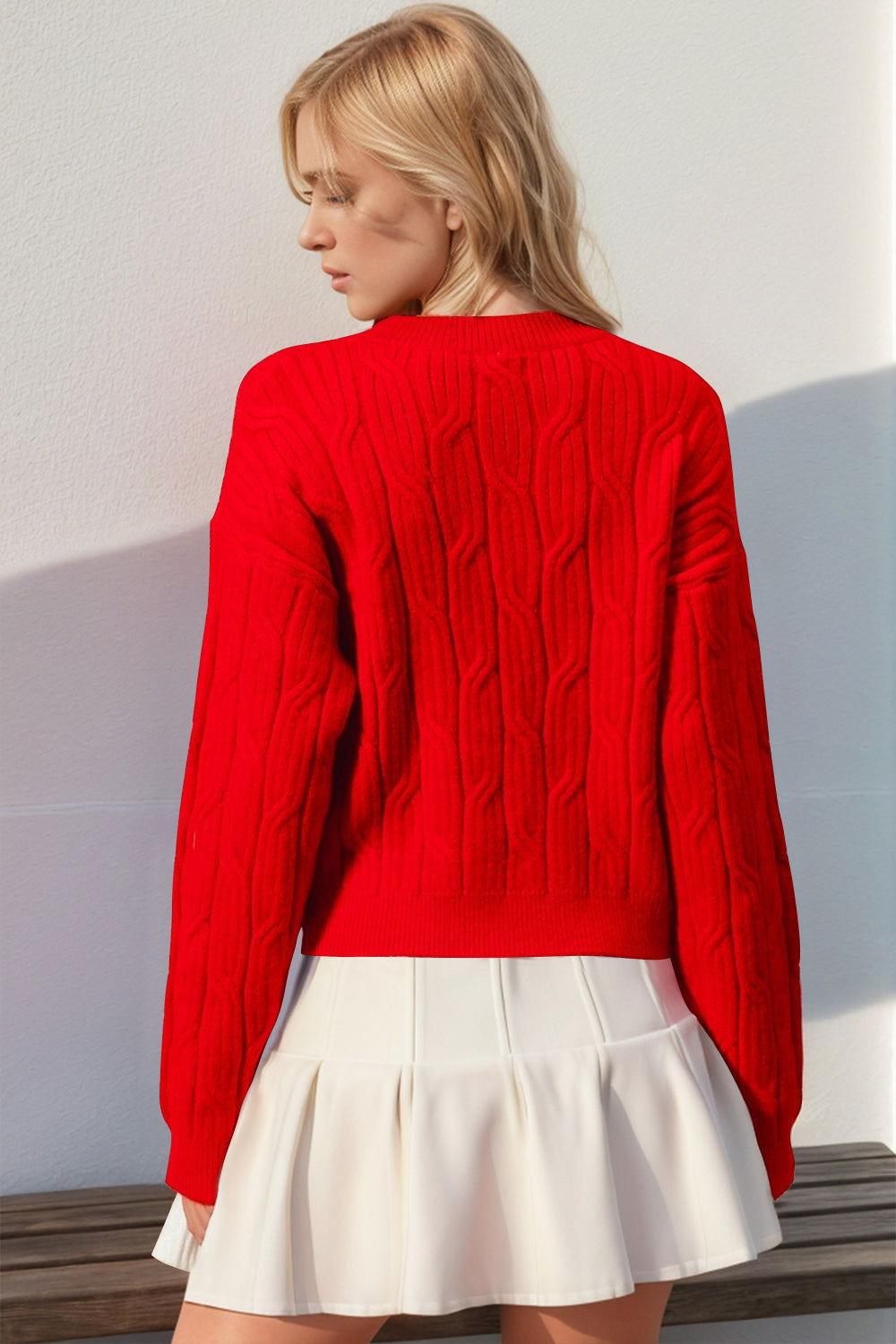 Double Take Full Size Bow Cable-Knit Round Neck Sweater - Clothes For Her Online Store
