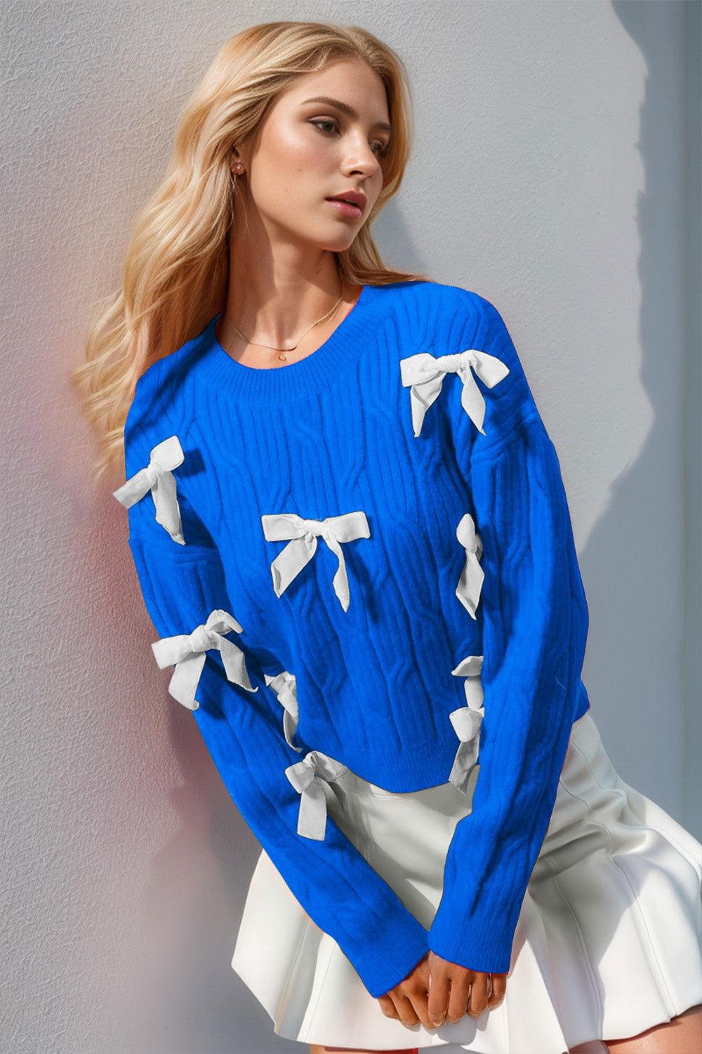 Double Take Full Size Bow Cable-Knit Round Neck Sweater - Clothes For Her Online Store