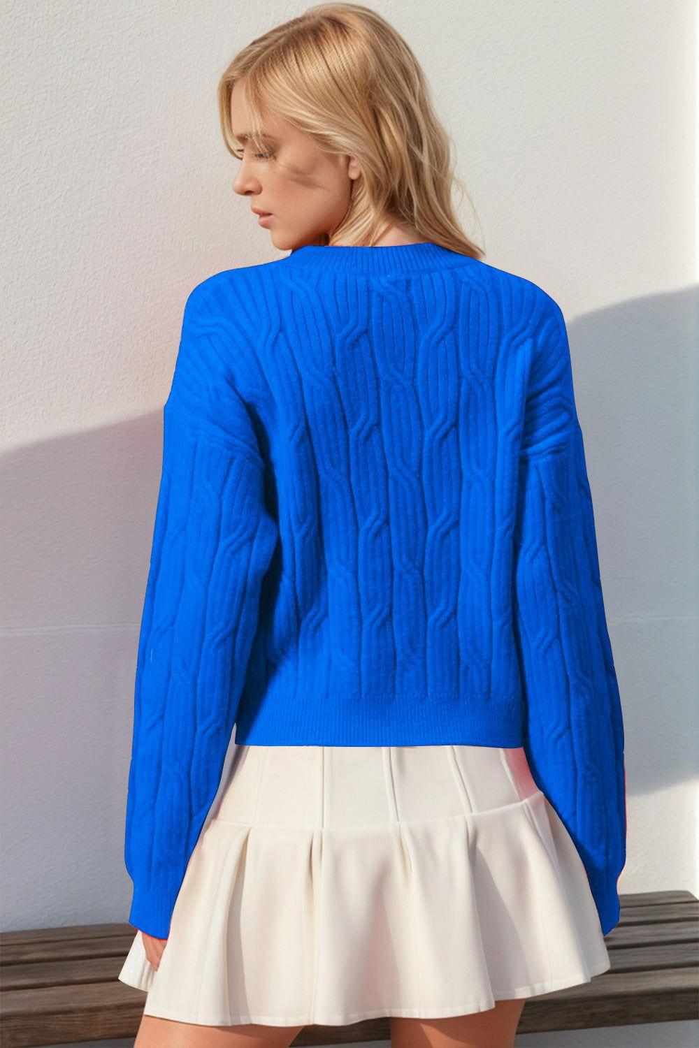 Double Take Full Size Bow Cable-Knit Round Neck Sweater - Clothes For Her Online Store