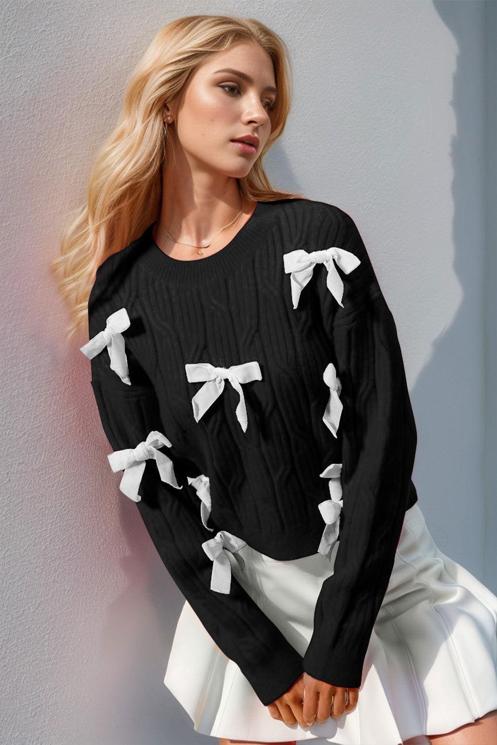 Double Take Full Size Bow Cable-Knit Round Neck Sweater - Clothes For Her Online Store