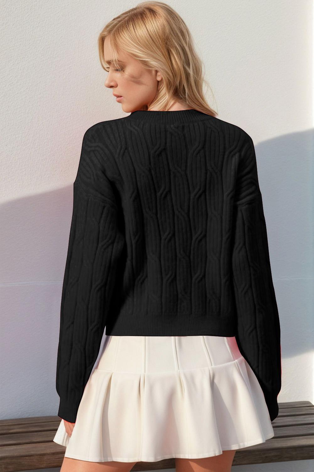 Double Take Full Size Bow Cable-Knit Round Neck Sweater - Clothes For Her Online Store