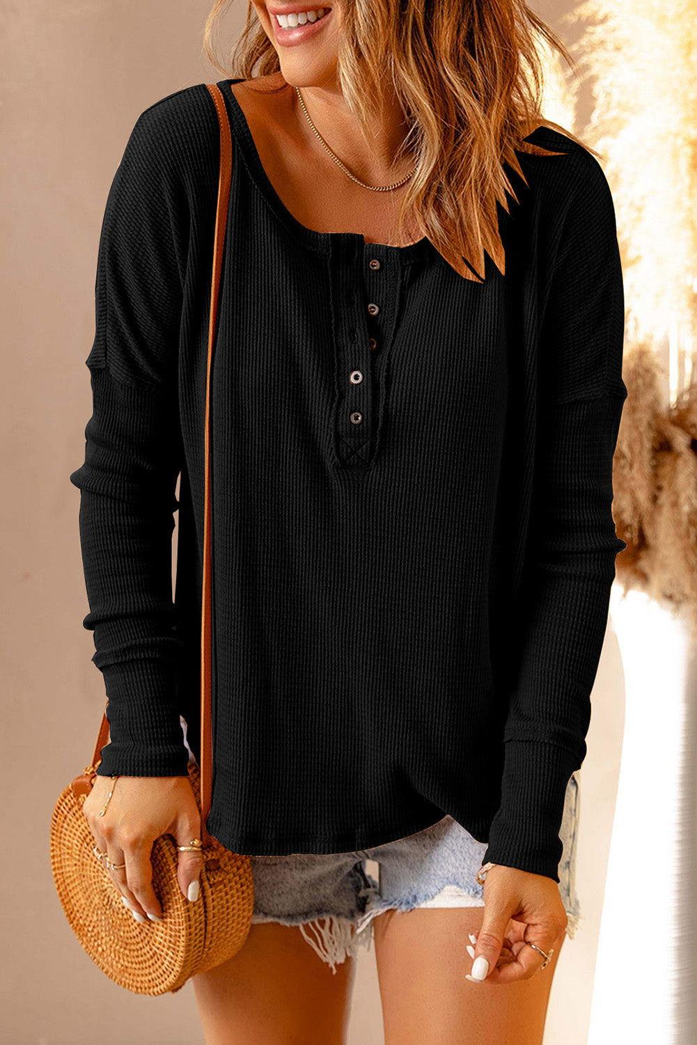 Double Take Full Size Half Button Drop Shoulder T-Shirt - Clothes For Her Online Store
