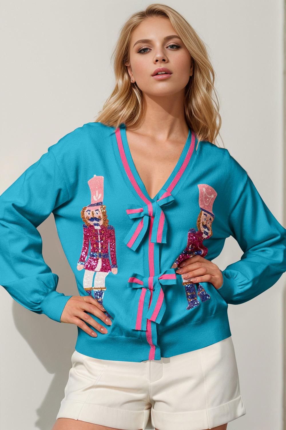 Double Take Full Size Nutcracker Sequin Bow Decor Cardigan - Clothes For Her Online Store