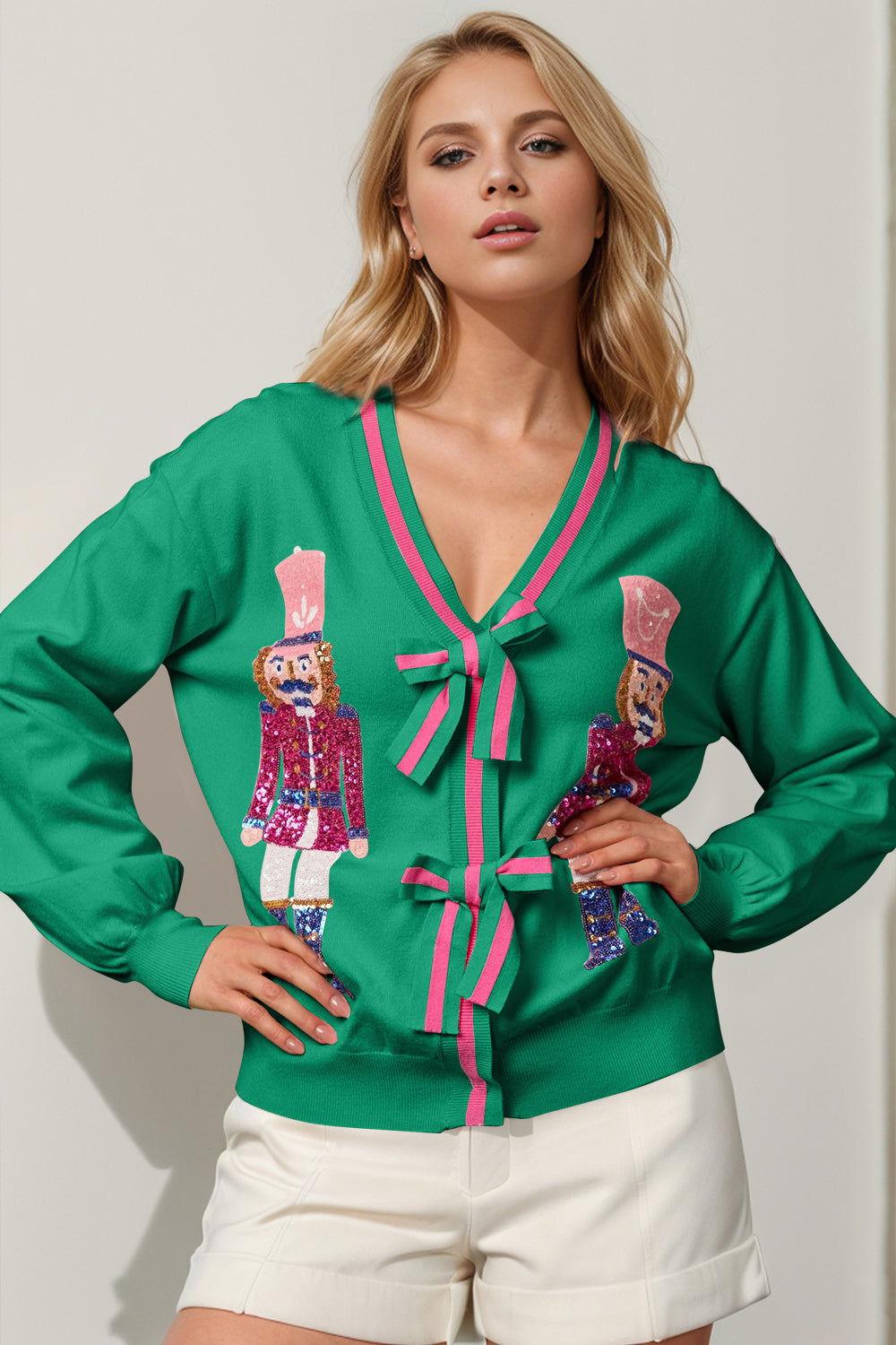 Double Take Full Size Nutcracker Sequin Bow Decor Cardigan - Clothes For Her Online Store
