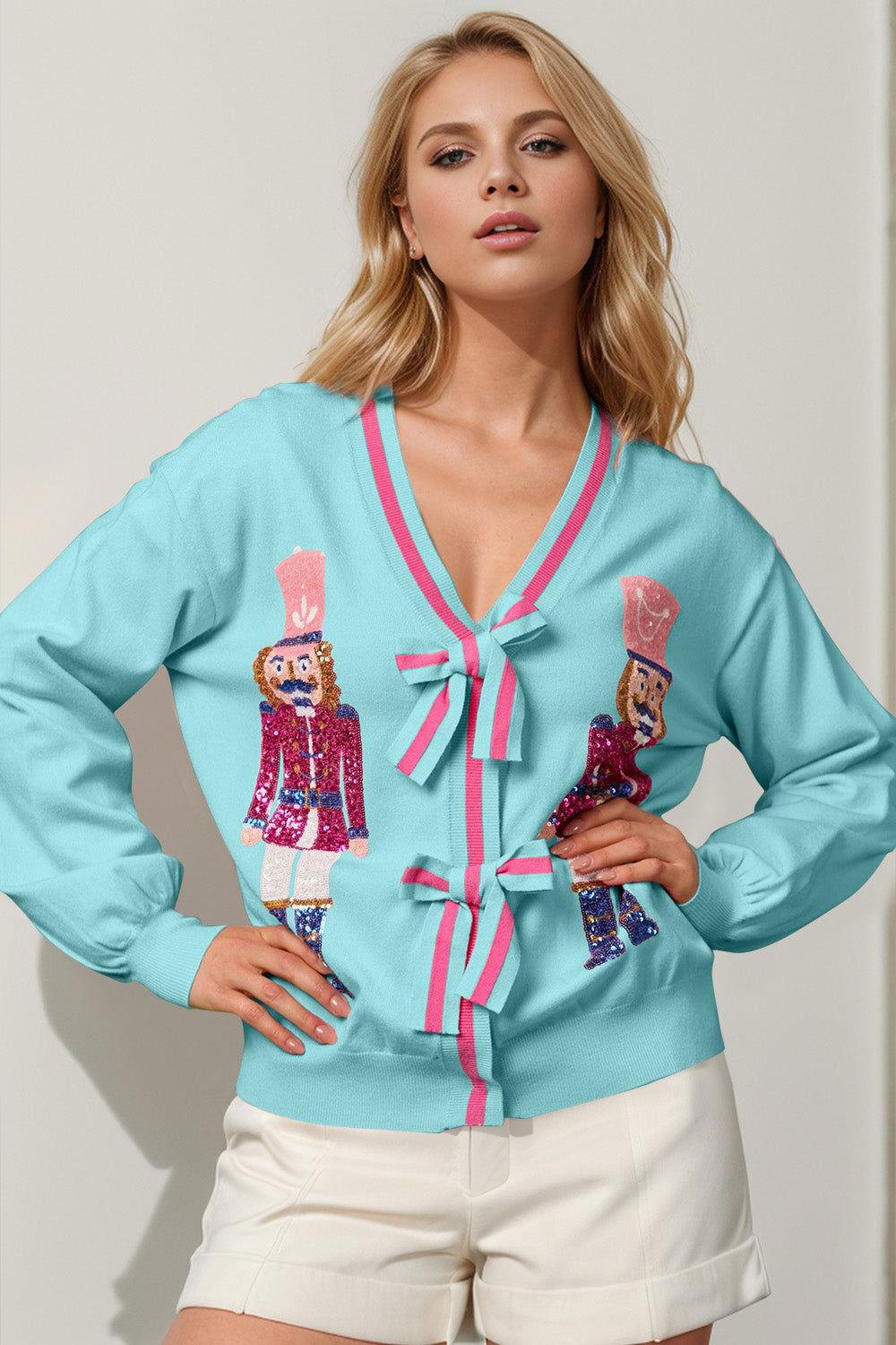 Double Take Full Size Nutcracker Sequin Bow Decor Cardigan - Clothes For Her Online Store