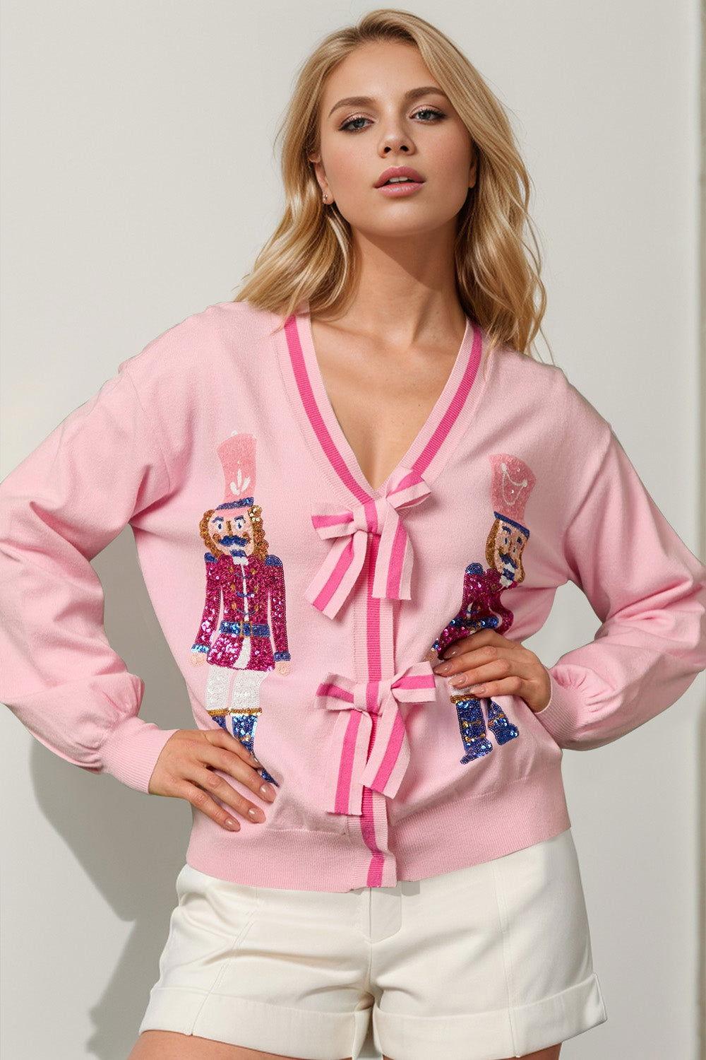 Double Take Full Size Nutcracker Sequin Bow Decor Cardigan - Clothes For Her Online Store