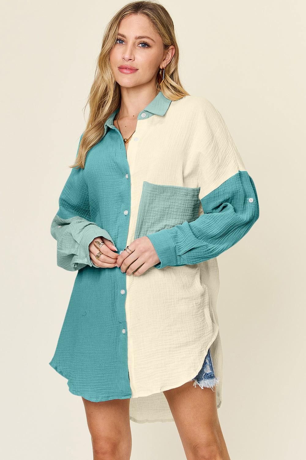 Double Take Full Size Pocketed Texture Button Up Shirt