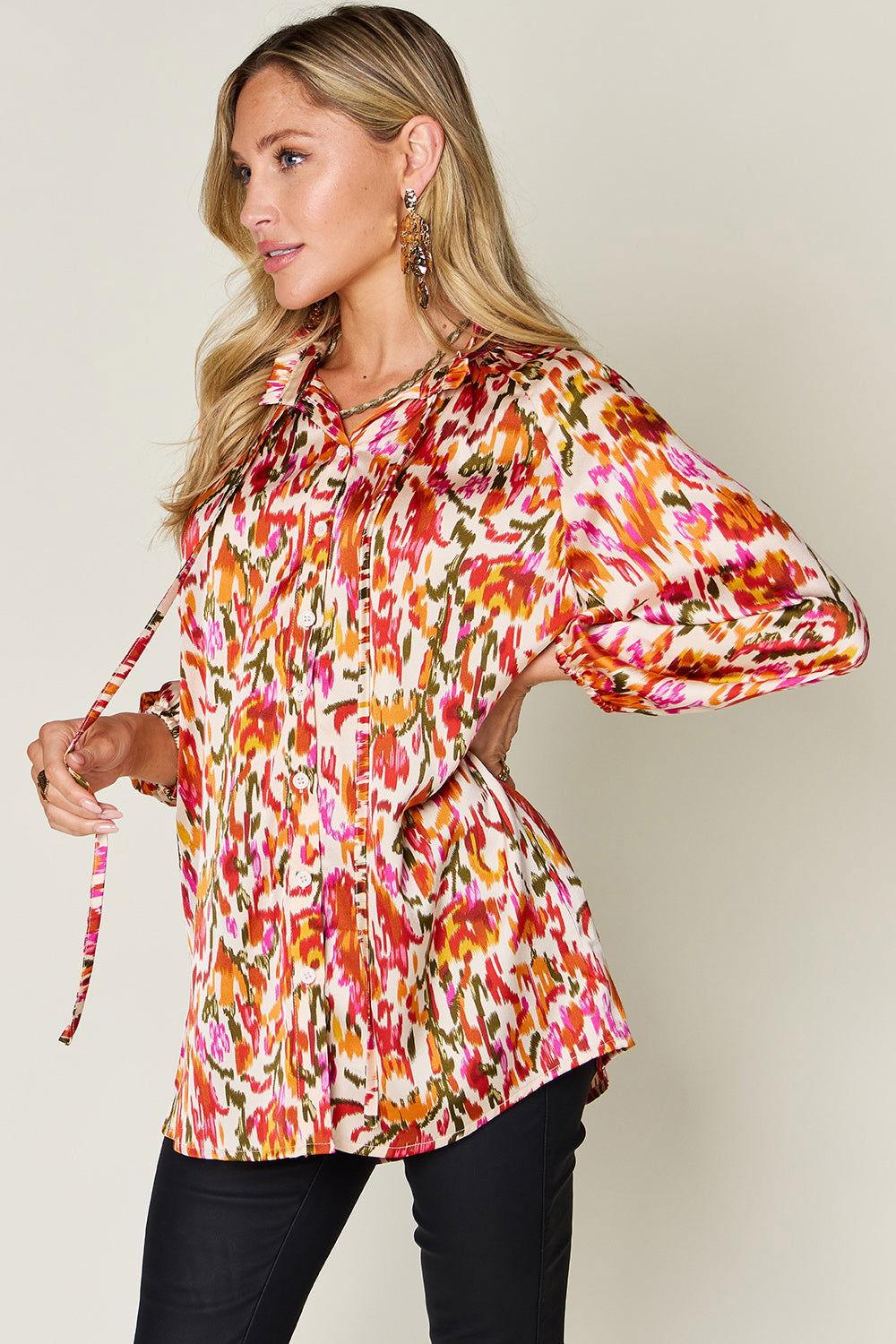 Double Take Full Size Printed Button Up Long Sleeve Shirt - Clothes For Her Online Store