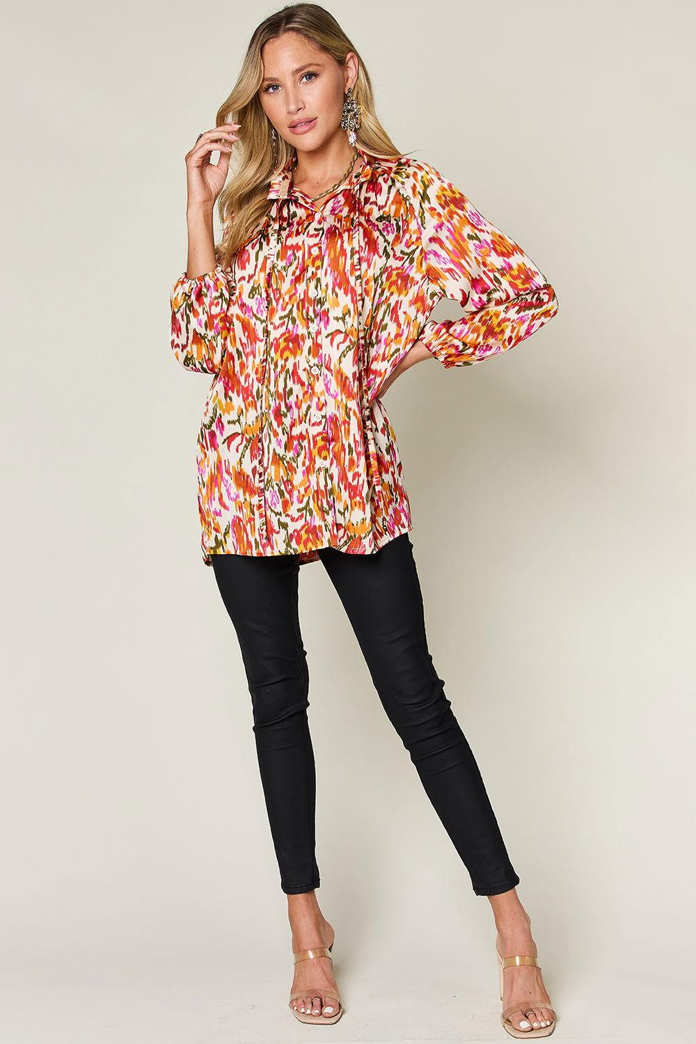 Double Take Full Size Printed Button Up Long Sleeve Shirt - Clothes For Her Online Store