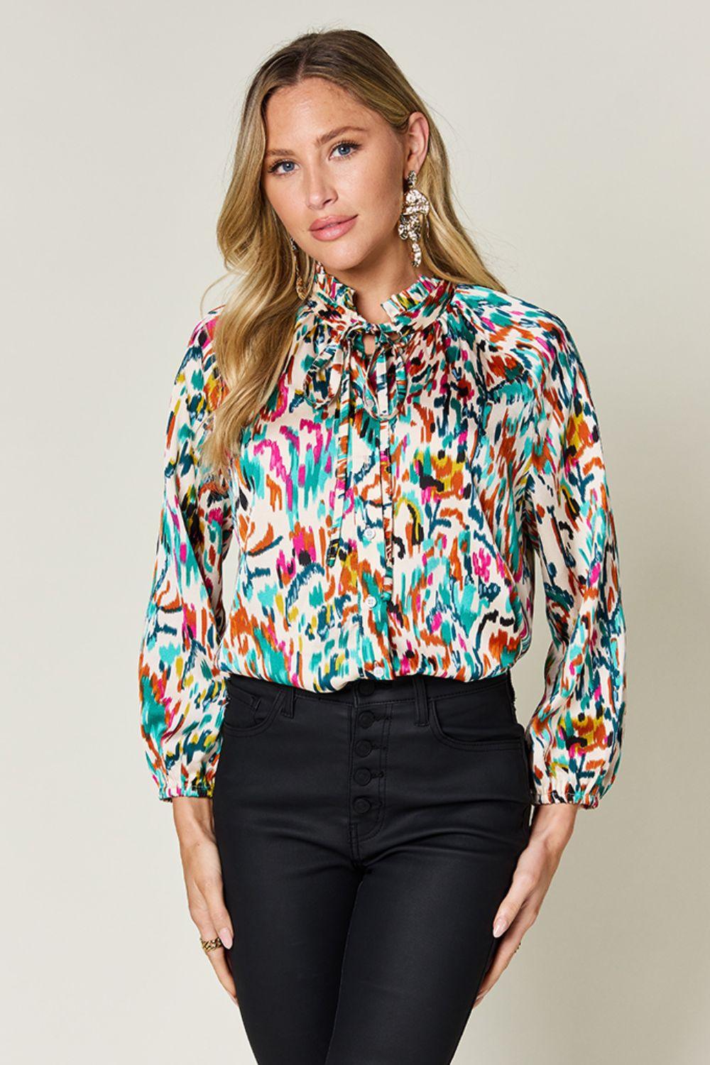 Double Take Full Size Printed Button Up Long Sleeve Shirt - Clothes For Her Online Store