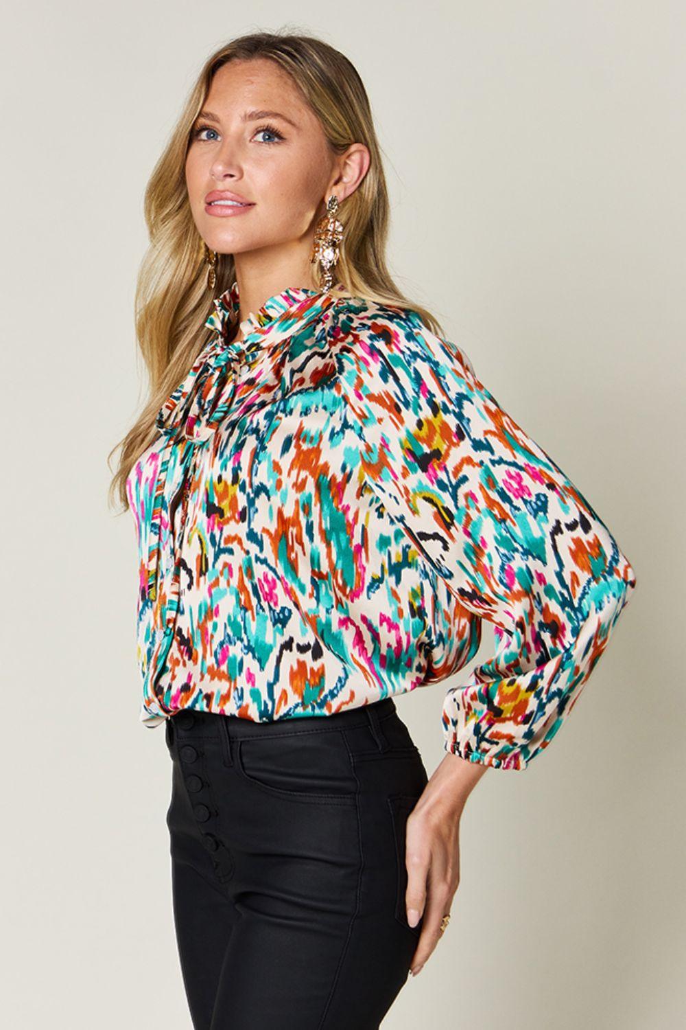 Double Take Full Size Printed Button Up Long Sleeve Shirt - Clothes For Her Online Store