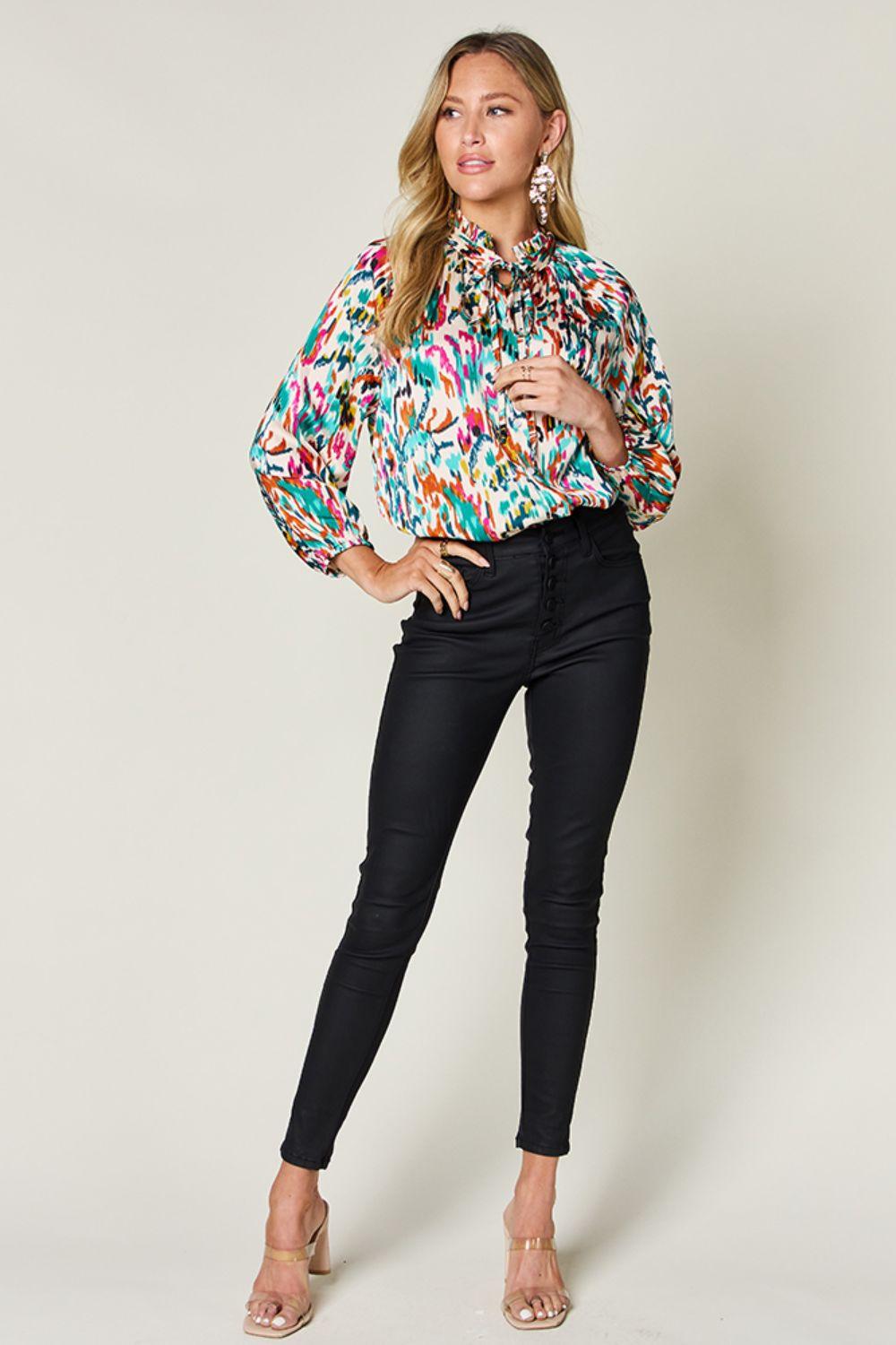 Double Take Full Size Printed Button Up Long Sleeve Shirt - Clothes For Her Online Store