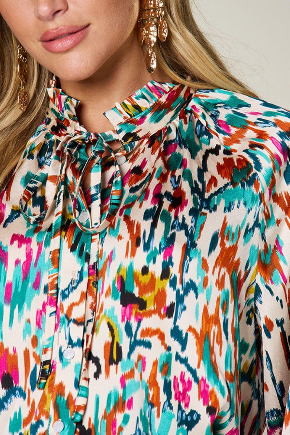 Double Take Full Size Printed Button Up Long Sleeve Shirt - Clothes For Her Online Store