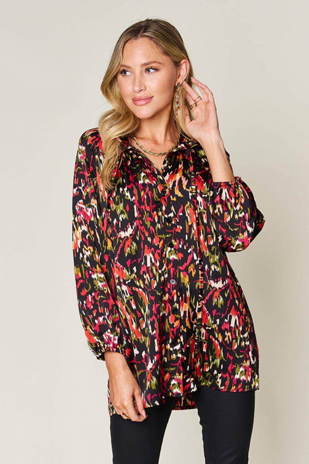 Double Take Full Size Printed Button Up Long Sleeve Shirt - Clothes For Her Online Store