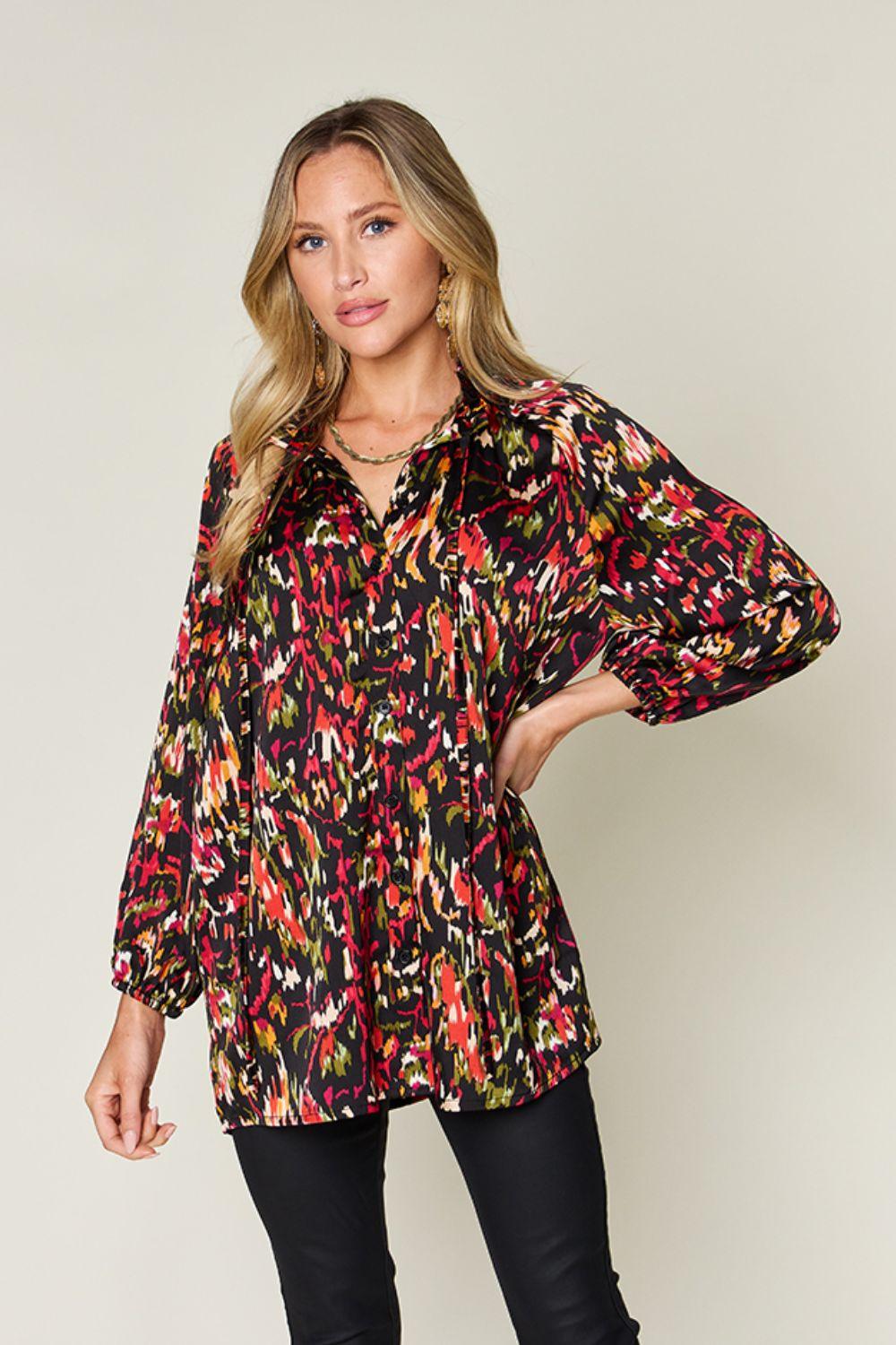 Double Take Full Size Printed Button Up Long Sleeve Shirt - Clothes For Her Online Store